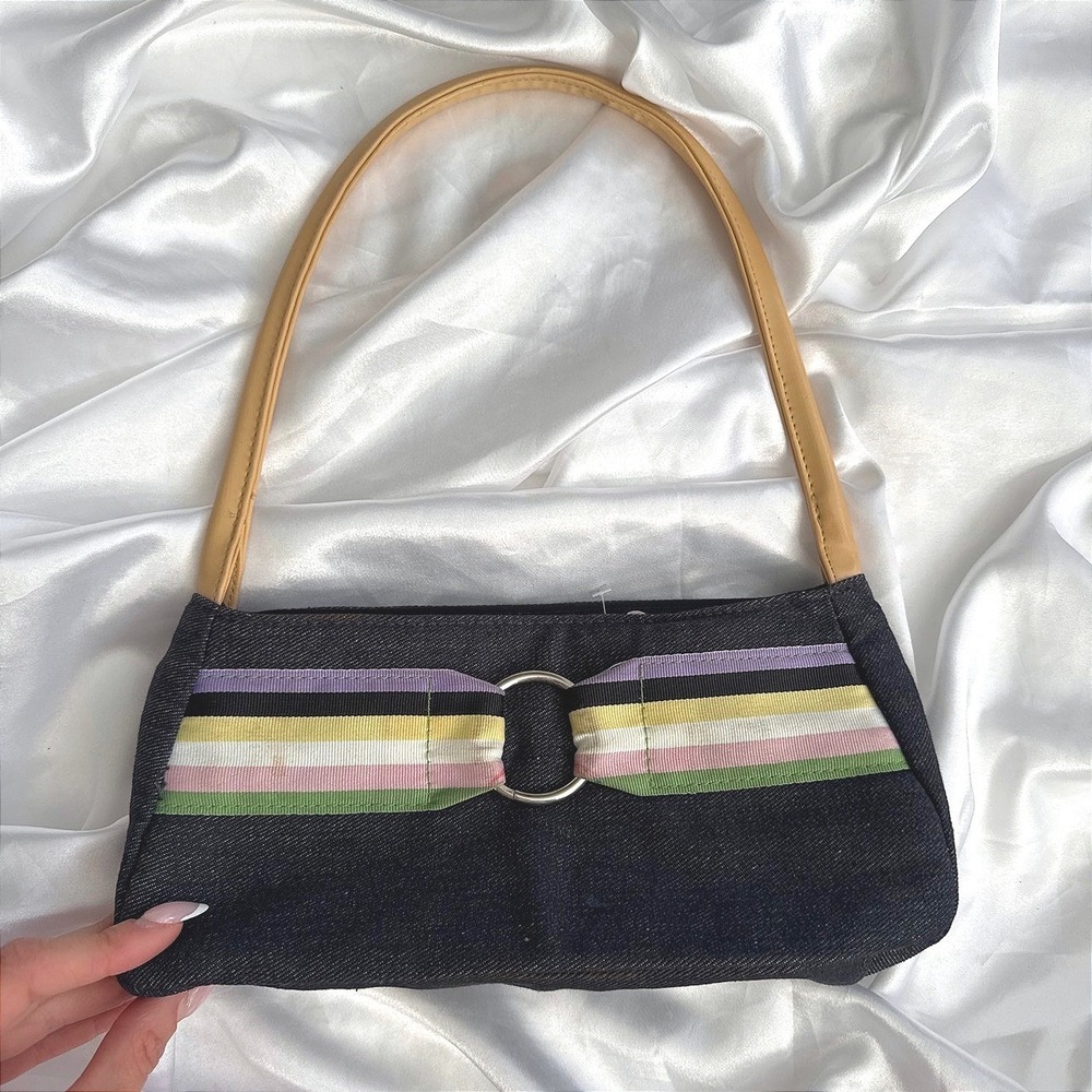 Victoria's Secret Vintage Y2K Denim Baguette Bag Striped Ribbon O-Ring Detail